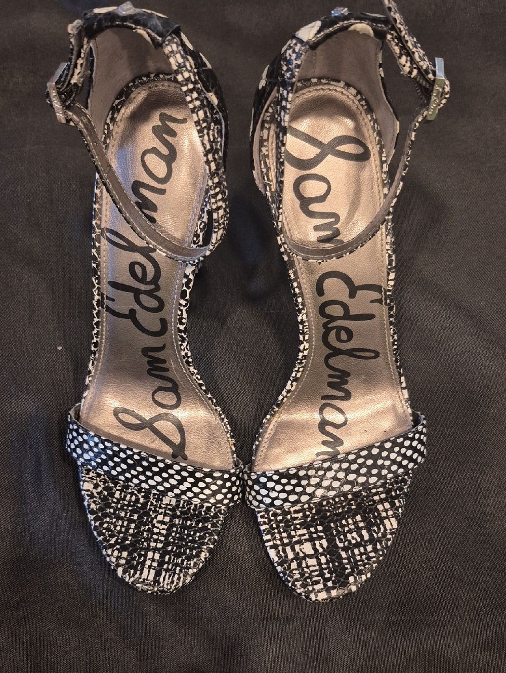Sam Edelman Eleanor Black and White Patterned Ankle-Strap Stiletto Heels